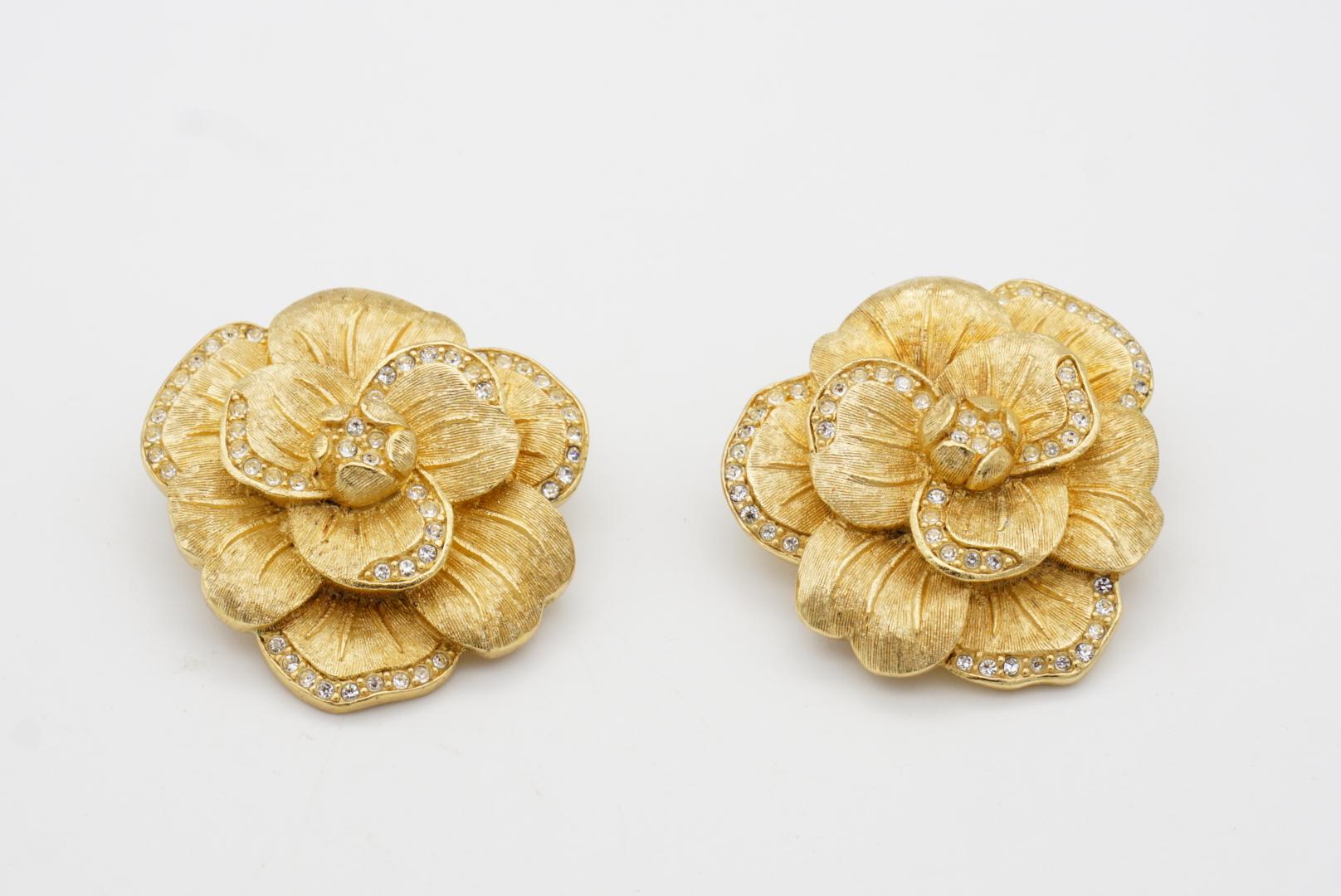 Christian Dior 1970s Vintage Large Camellia Crystals Layer Rose Flower Earrings For Sale 6