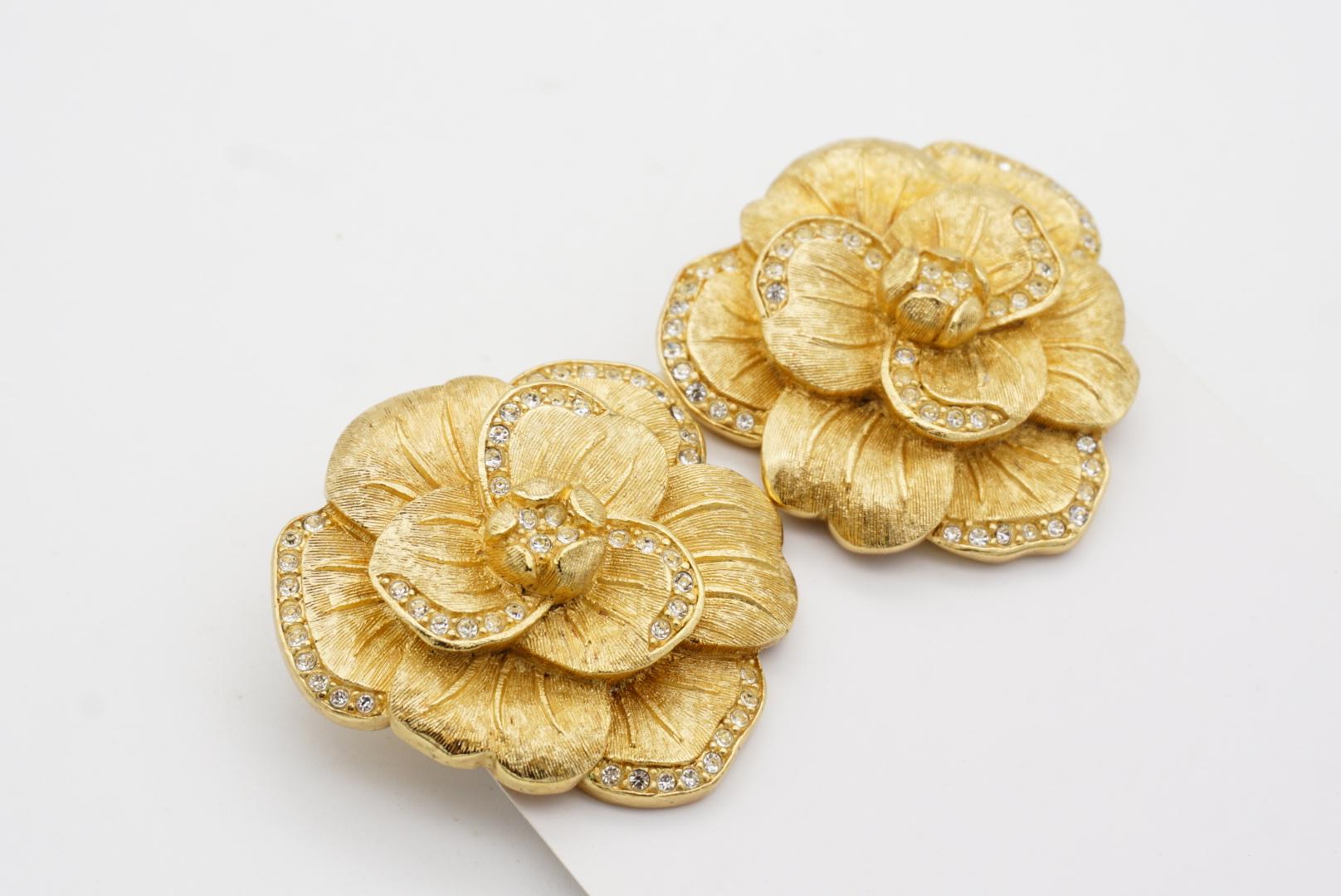 Christian Dior 1970s Vintage Large Camellia Crystals Layer Rose Flower Earrings For Sale 7