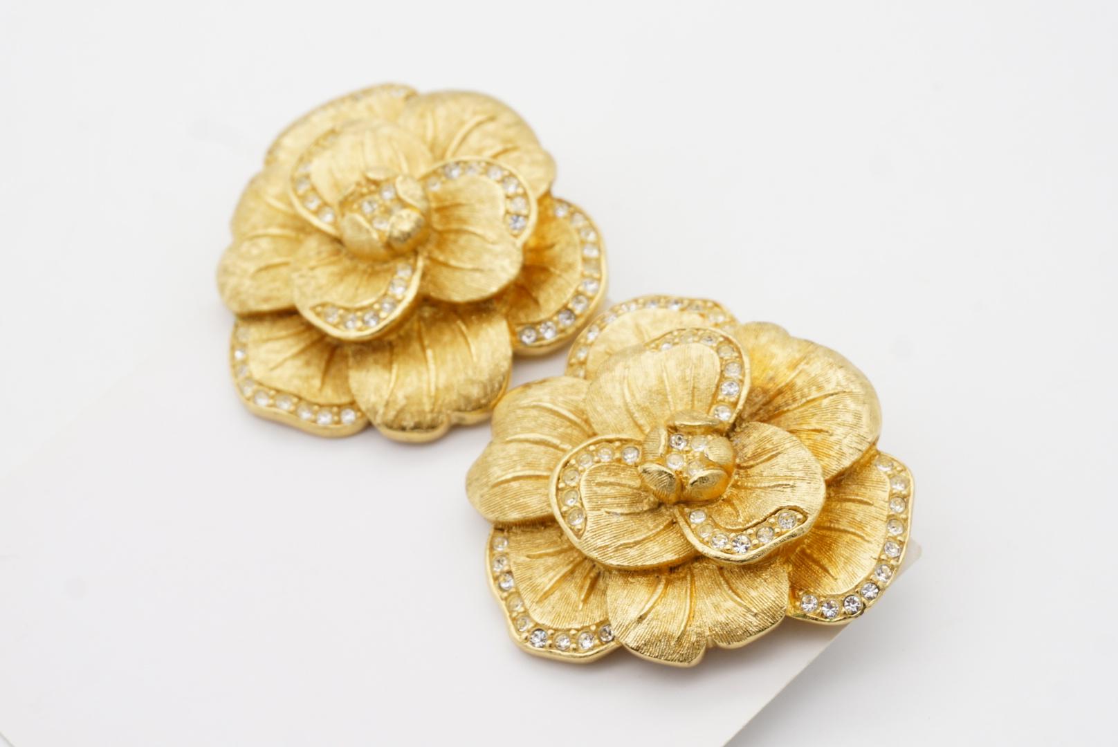 Christian Dior 1970s Vintage Large Camellia Crystals Layer Rose Flower Earrings For Sale 8