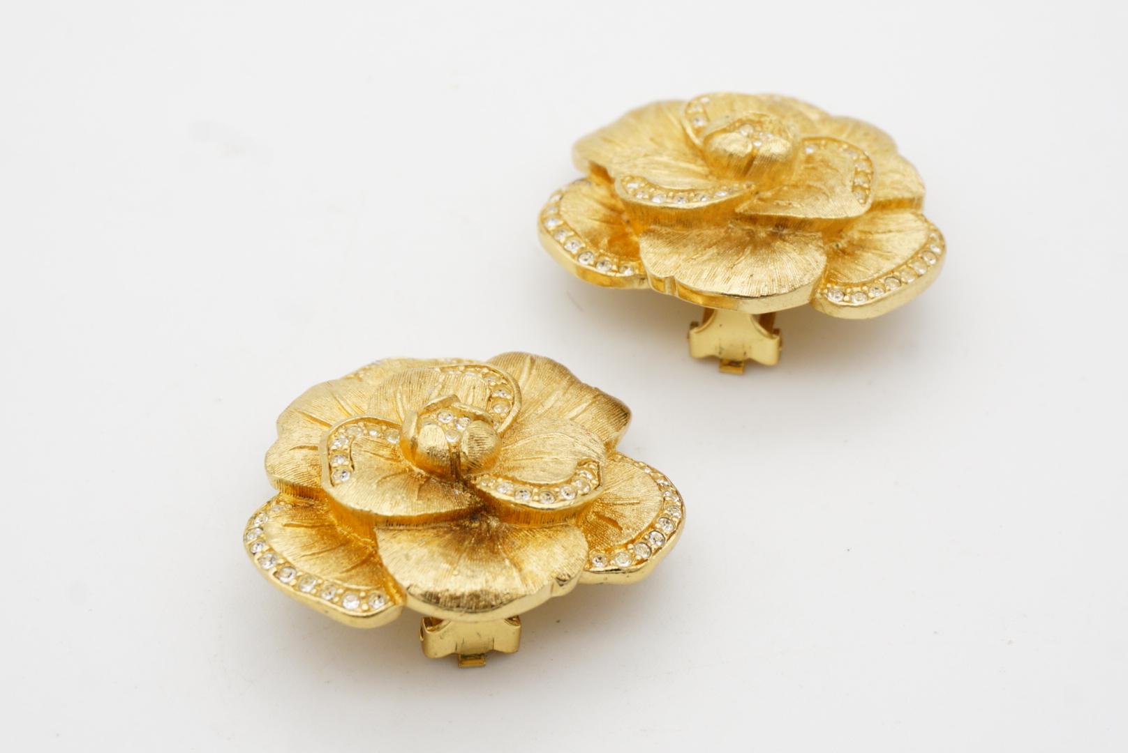 Christian Dior 1970s Vintage Large Camellia Crystals Layer Rose Flower Earrings For Sale 9
