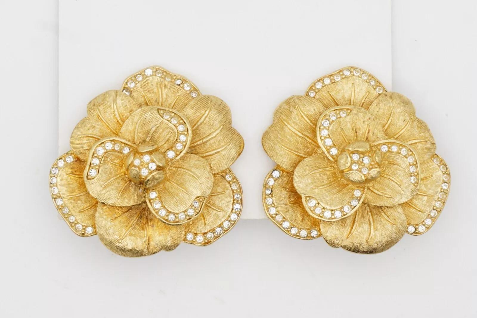 Christian Dior 1970s Vintage Large Camellia Crystals Layer Rose Flower Earrings For Sale 12