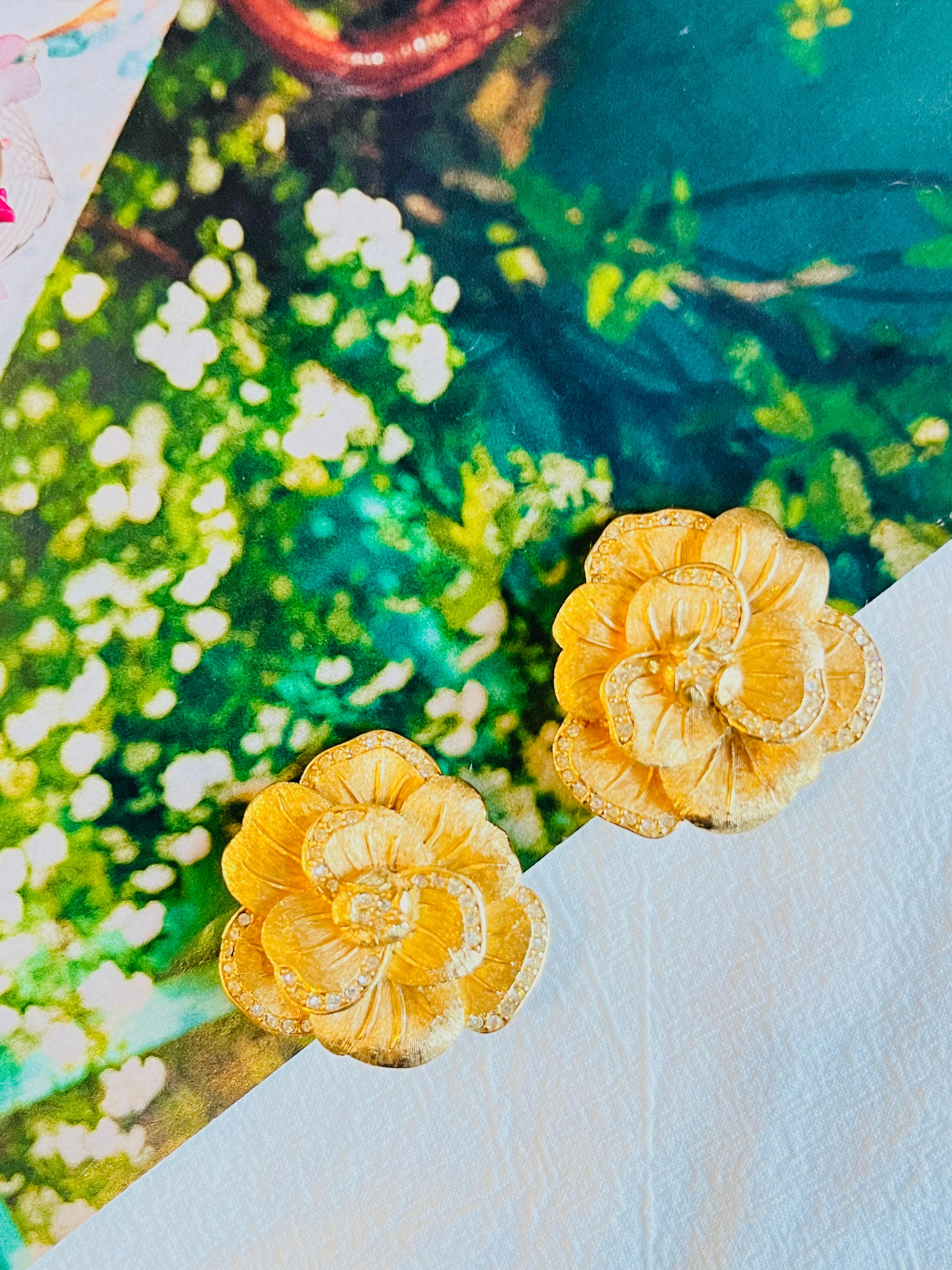 Art Deco Christian Dior 1970s Vintage Large Camellia Crystals Layer Rose Flower Earrings For Sale