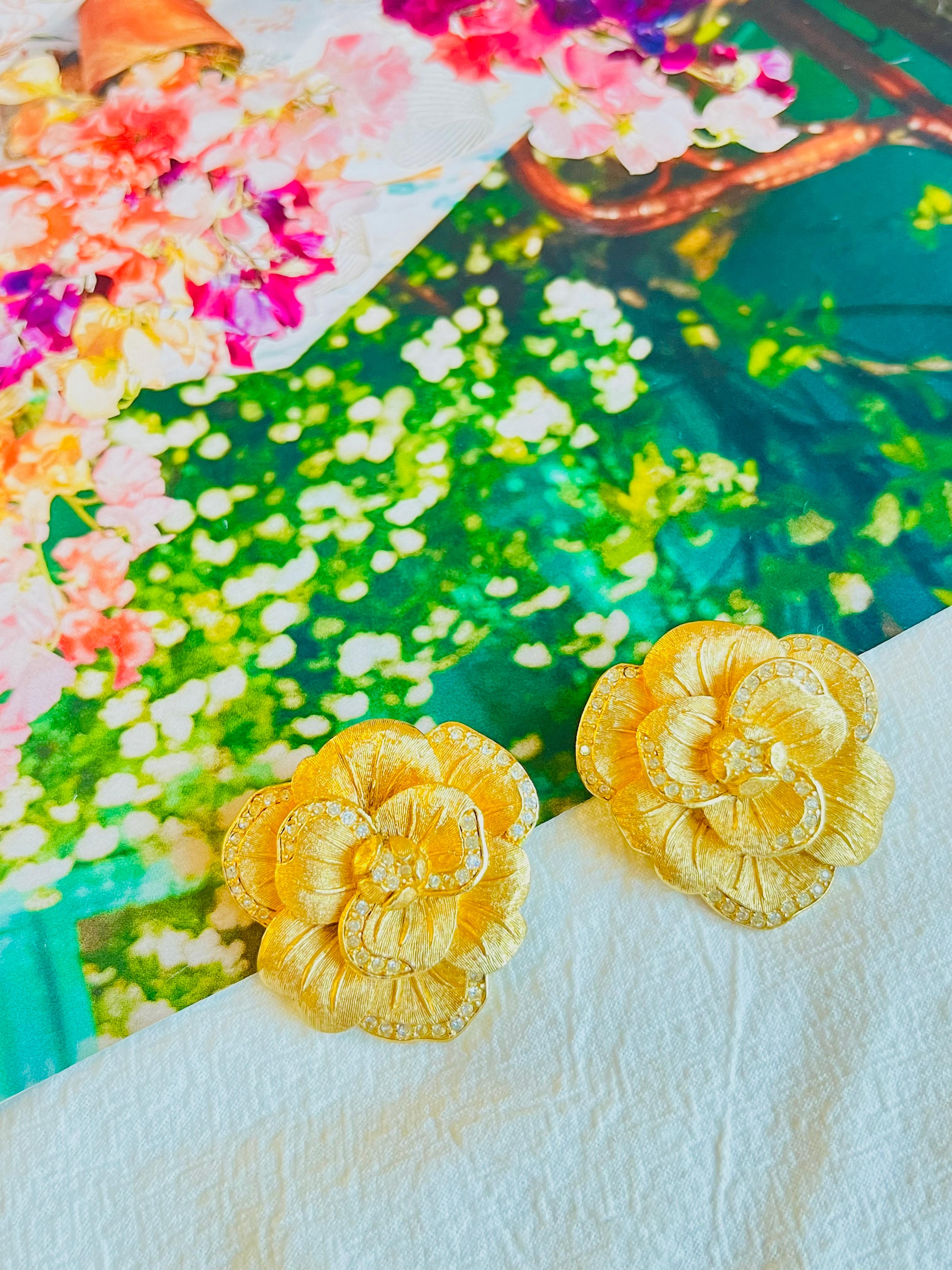 Christian Dior 1970s Vintage Large Camellia Crystals Layer Rose Flower Earrings In Excellent Condition For Sale In Wokingham, England
