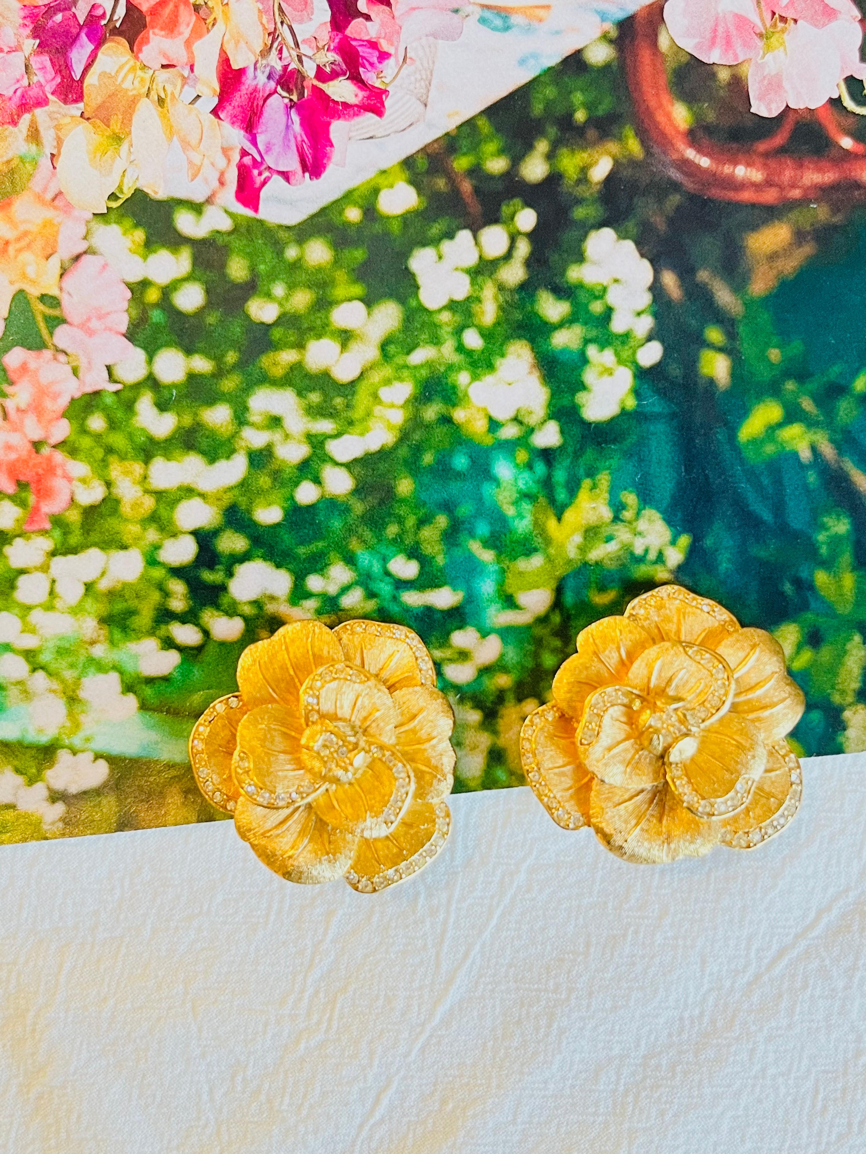Women's or Men's Christian Dior 1970s Vintage Large Camellia Crystals Layer Rose Flower Earrings For Sale