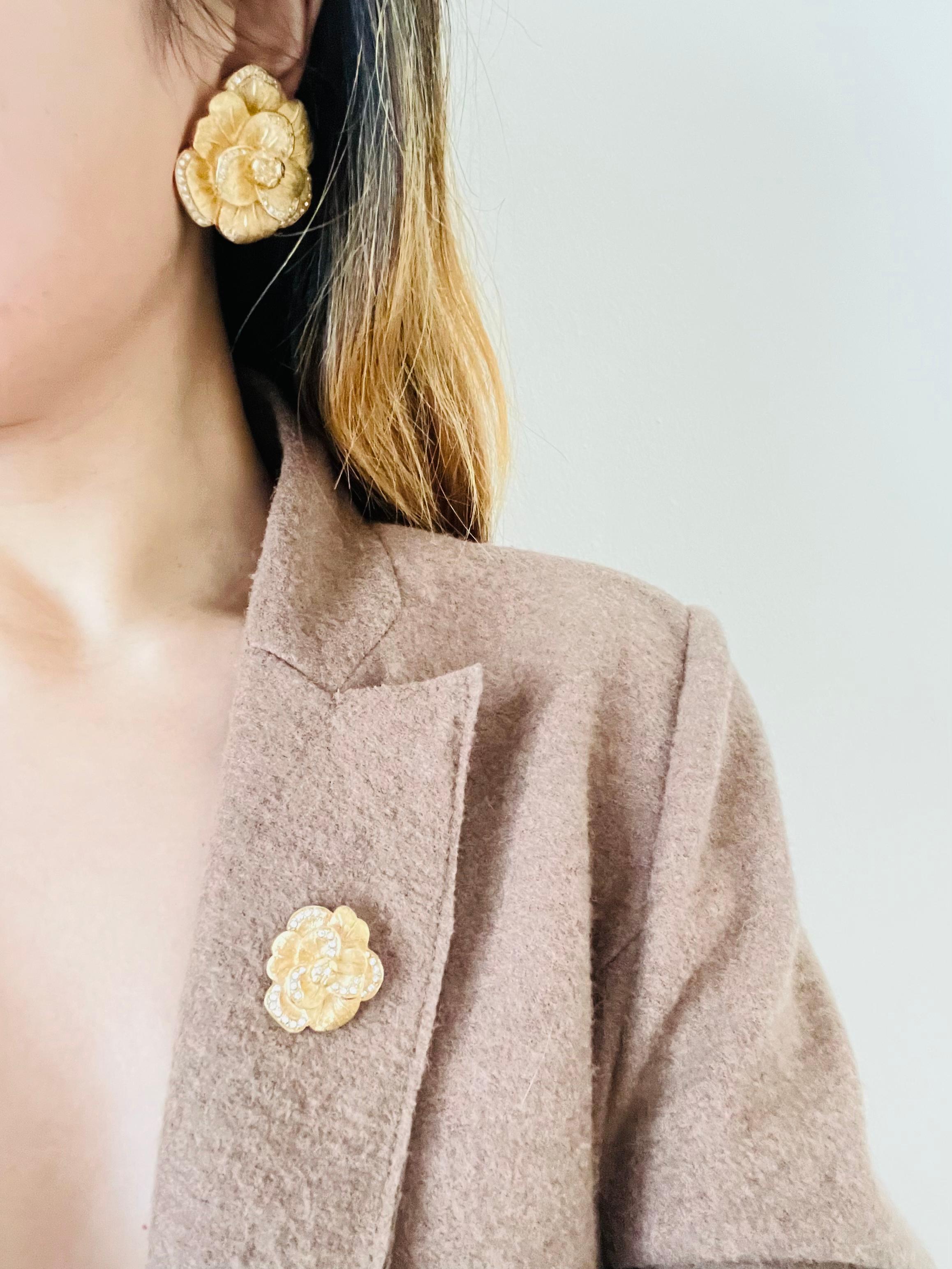Christian Dior 1970s Vintage Large Camellia Crystals Layer Rose Flower Earrings For Sale 4