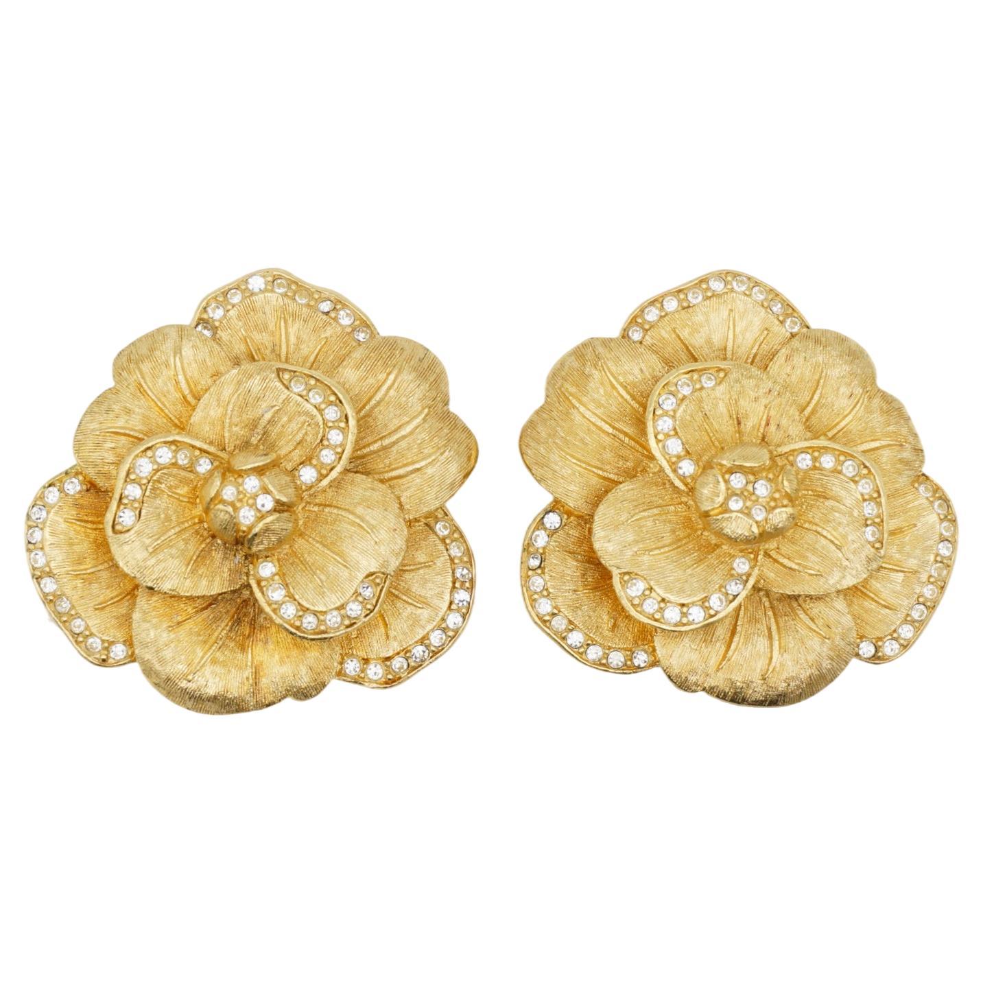 Christian Dior 1970s Vintage Large Camellia Crystals Layer Rose Flower Earrings For Sale