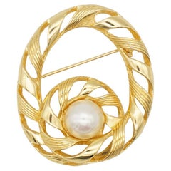 Christian Dior 1970s Vintage Large Gold Oval Swirl Round Pearl Chunky Brooch