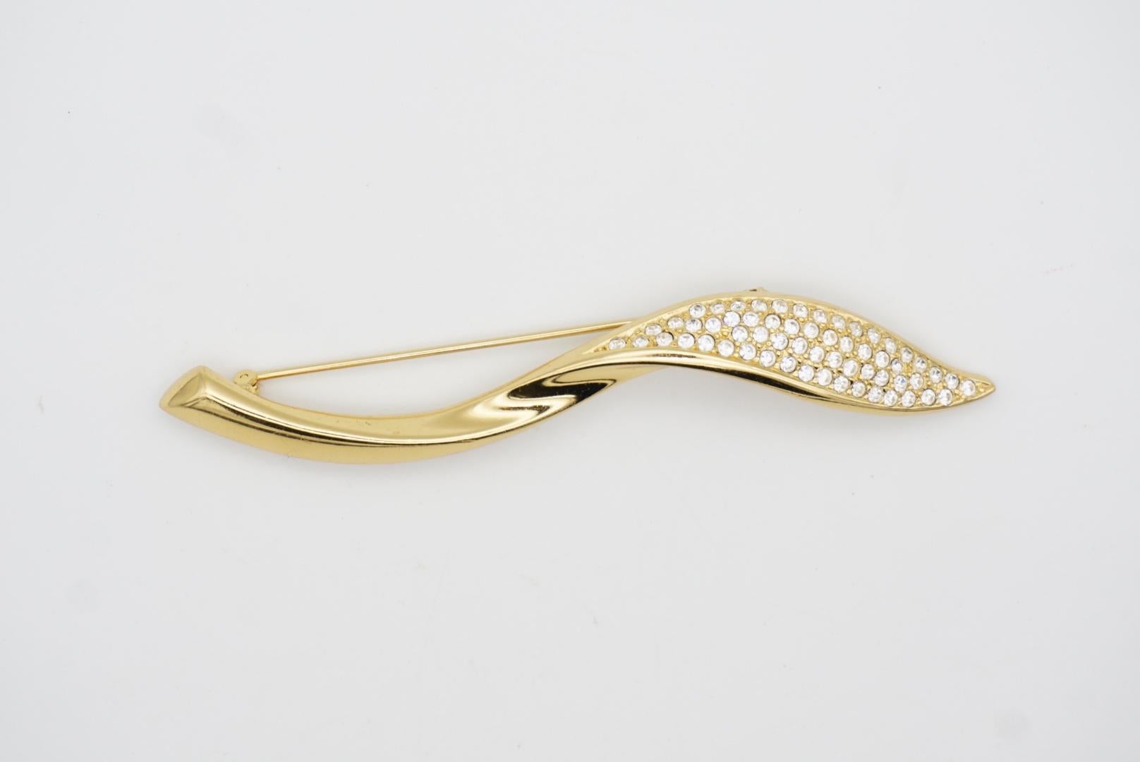 Christian Dior 1970s Vintage Large Long Swirl Leaf Flame Crystals Gold Brooch For Sale 3
