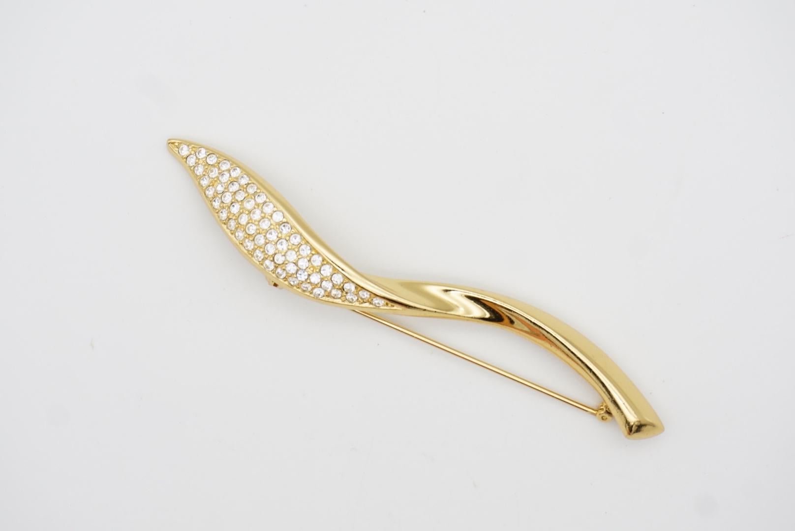 Christian Dior 1970s Vintage Large Long Swirl Leaf Flame Crystals Gold Brooch For Sale 1