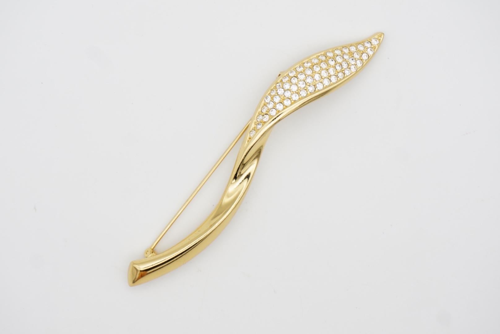 Christian Dior 1970s Vintage Large Long Swirl Leaf Flame Crystals Gold Brooch For Sale 2