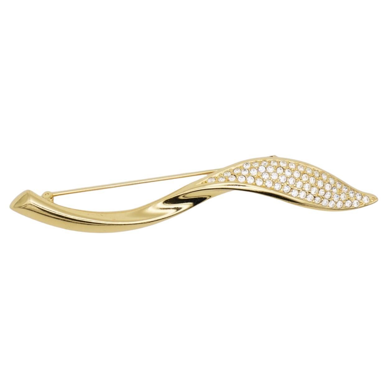 Christian Dior 1970s Vintage Large Long Swirl Leaf Flame Crystals Gold Brooch For Sale