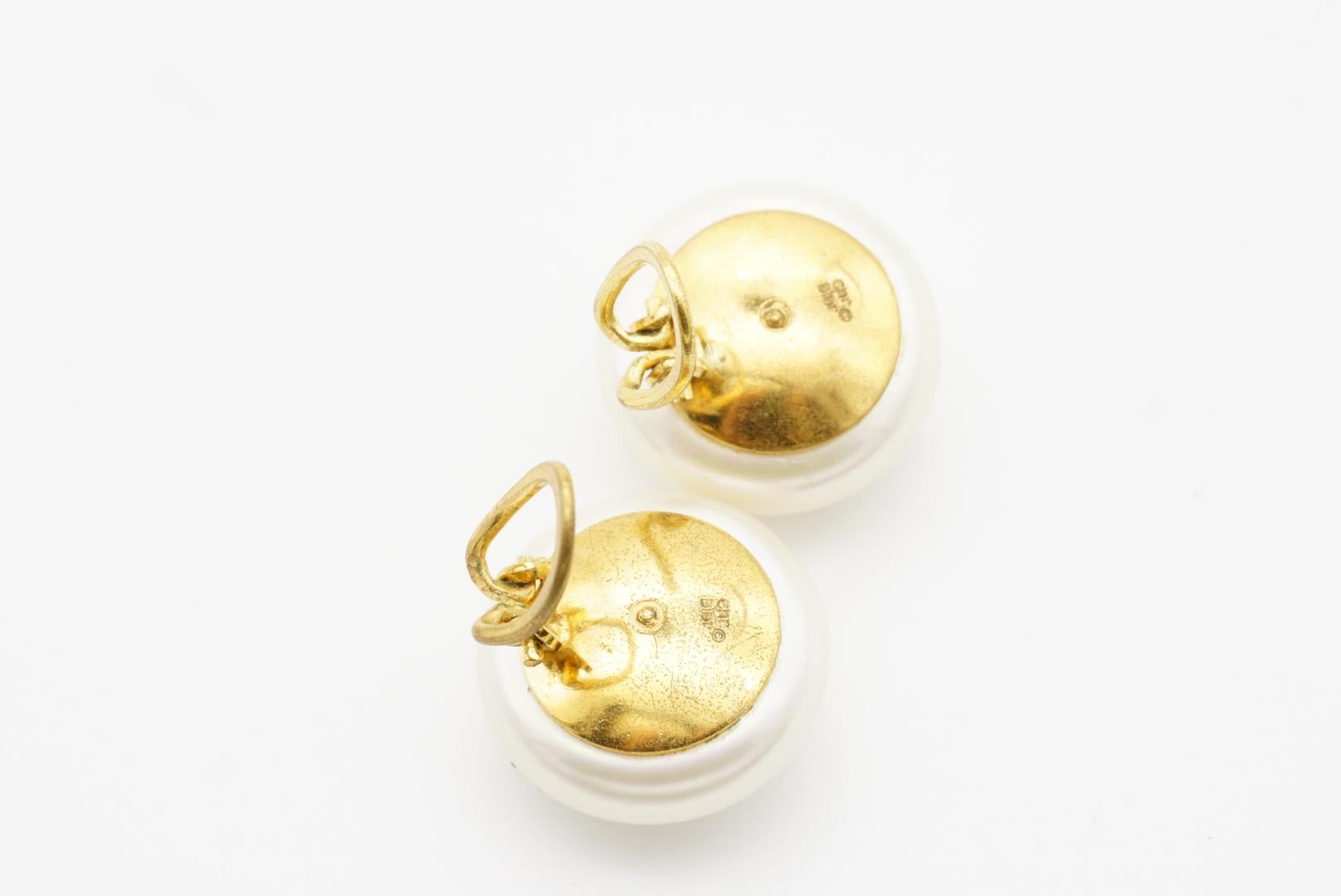 Christian Dior 1970s Vintage Large Round Circle White Pearl Gold Clip Earrings For Sale 8