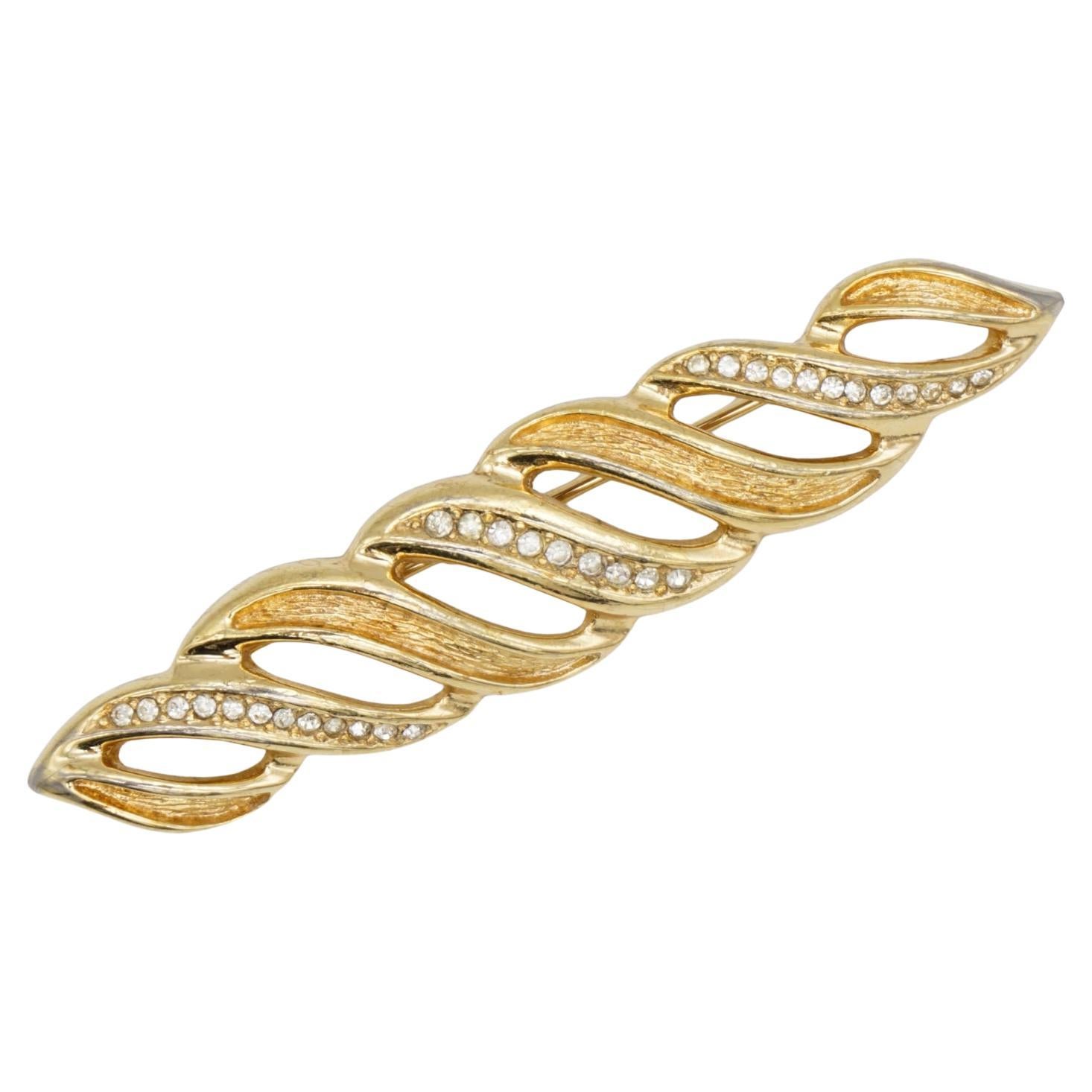 Christian Dior 1970s Vintage Long Fire Croissant Crystals Swirl Openwork Brooch