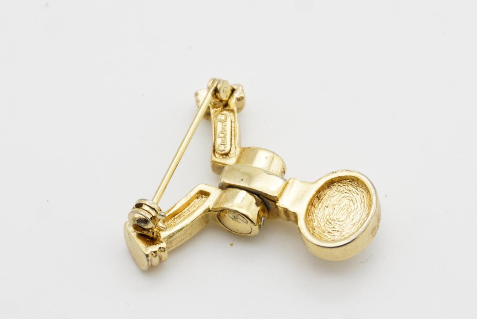 Christian Dior 1970s Vintage Movable Dangle Pearl Curved Crystals Badge Brooch For Sale 7