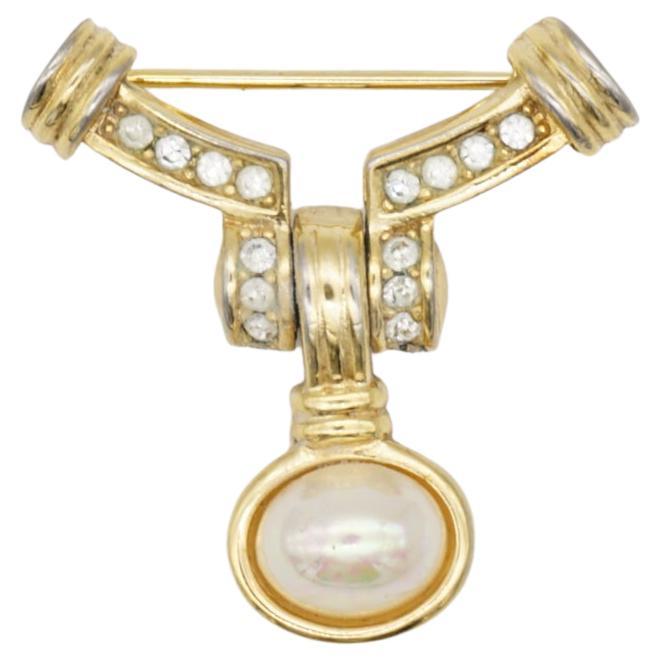 Christian Dior 1970s Vintage Movable Dangle Pearl Curved Crystals Badge Brooch For Sale