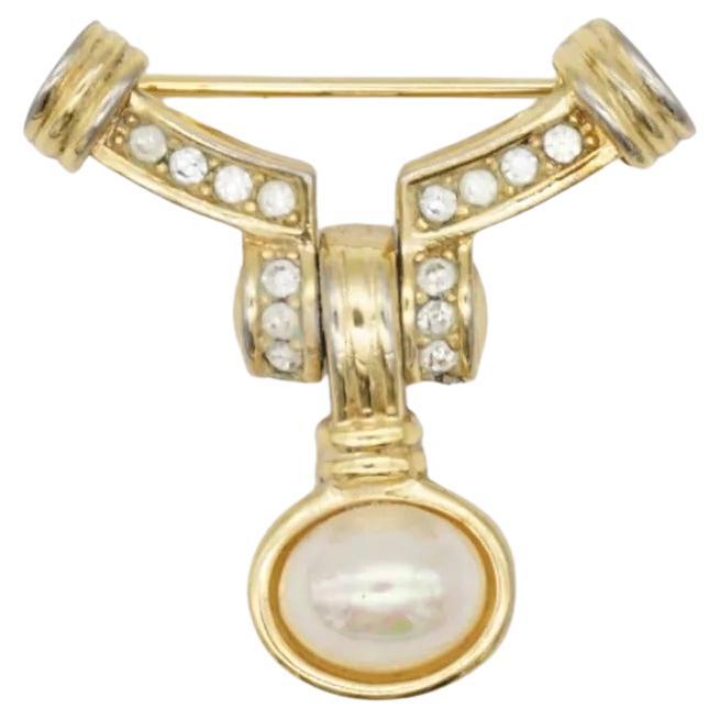 Christian Dior 1970s Vintage Movable Dangle Pearl Curved Crystals Badge Brooch