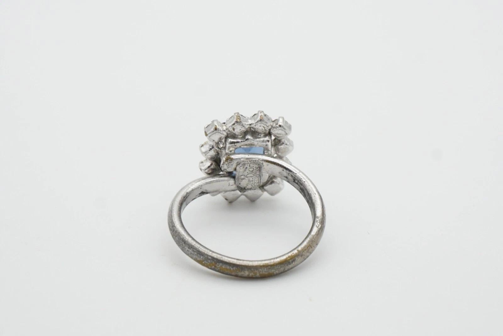 Christian Dior 1970s Vintage Anillo Halo Rectángulo Cristales Azul Aguamarina, US 8 Plata en venta 8