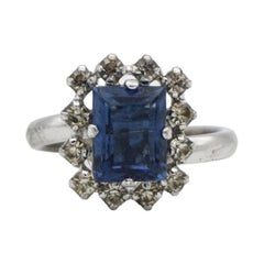 Christian Dior 1970s Vintage Rectangle Aqua Blue Crystals Halo Ring, US 8 Silver
