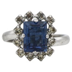 Christian Dior 1970s Vintage Rectangle Aqua Blue Crystals Halo Ring, US 8 Silver