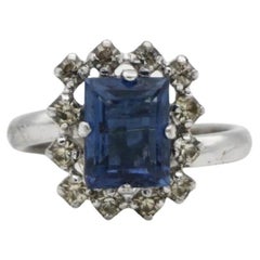 Christian Dior 1970s Vintage Rectangle Aqua Blue Crystals Halo Ring, US 8 Silver