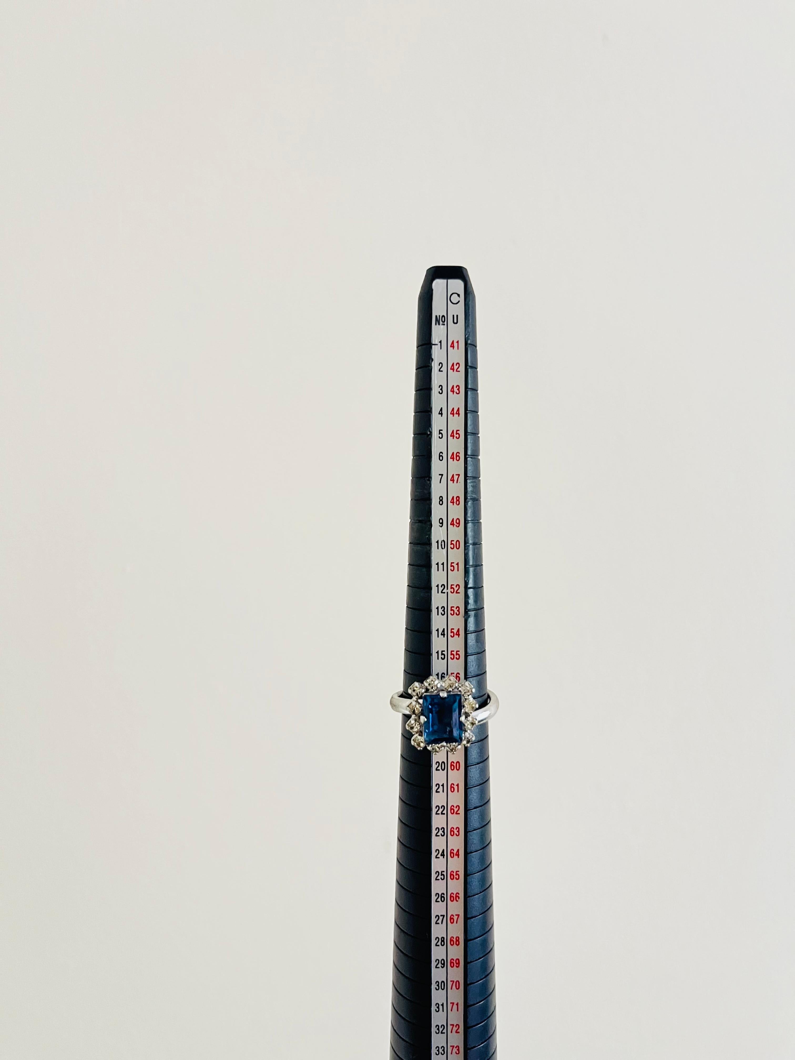 Christian Dior 1970s Vintage Rectangle Aqua Blue Crystals Halo Ring, US 8 Silver 6