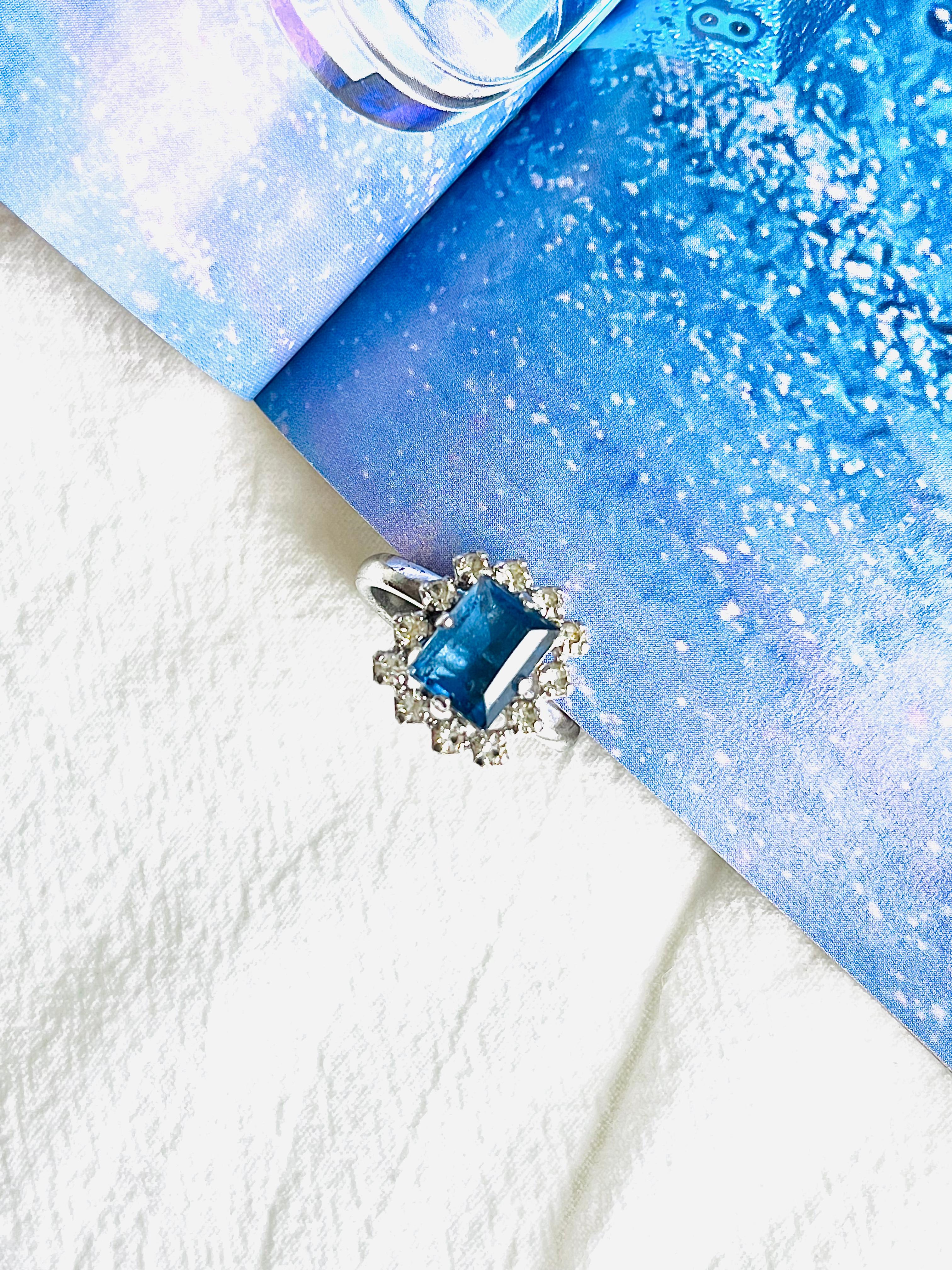 Christian Dior 1970s Vintage Rectangle Aqua Blue Crystals Halo Ring, US 8 Silver In Good Condition In Wokingham, England