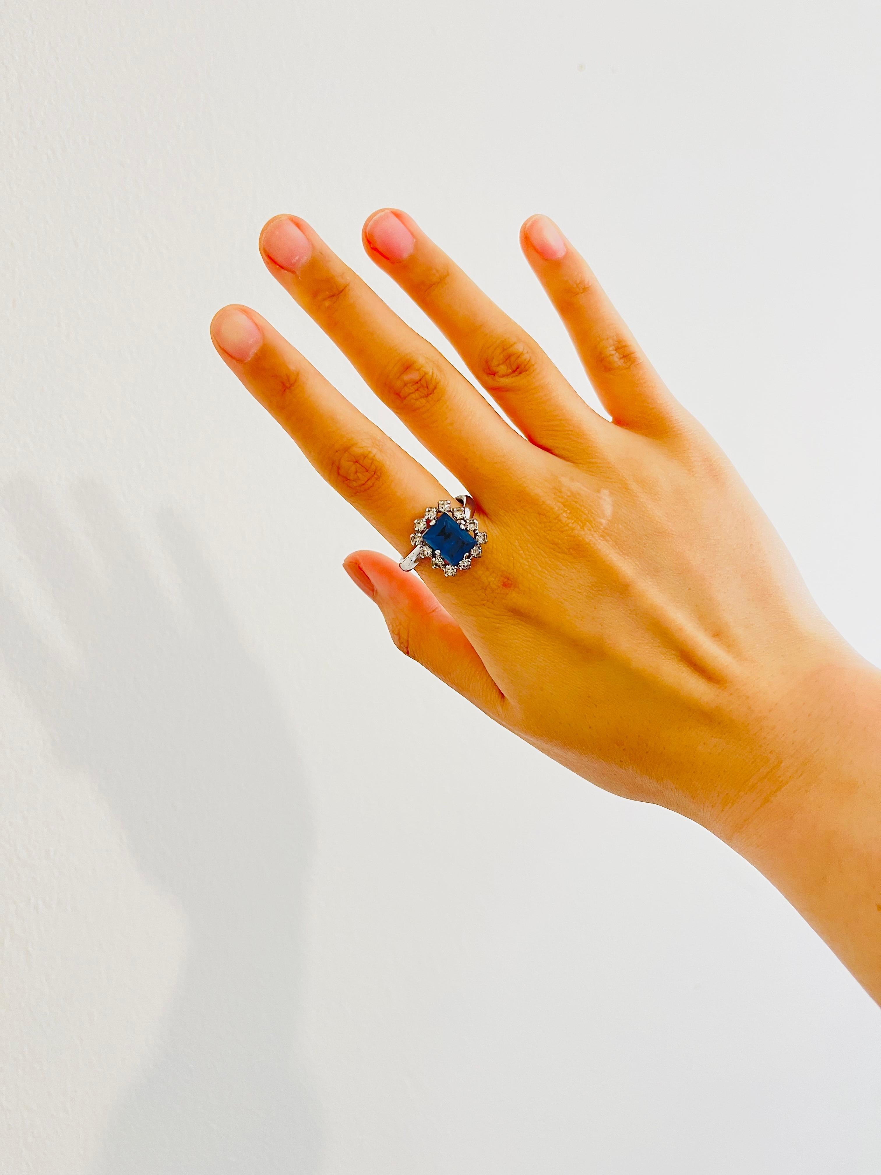 Women's or Men's Christian Dior 1970s Vintage Rectangle Aqua Blue Crystals Halo Ring, US 8 Silver