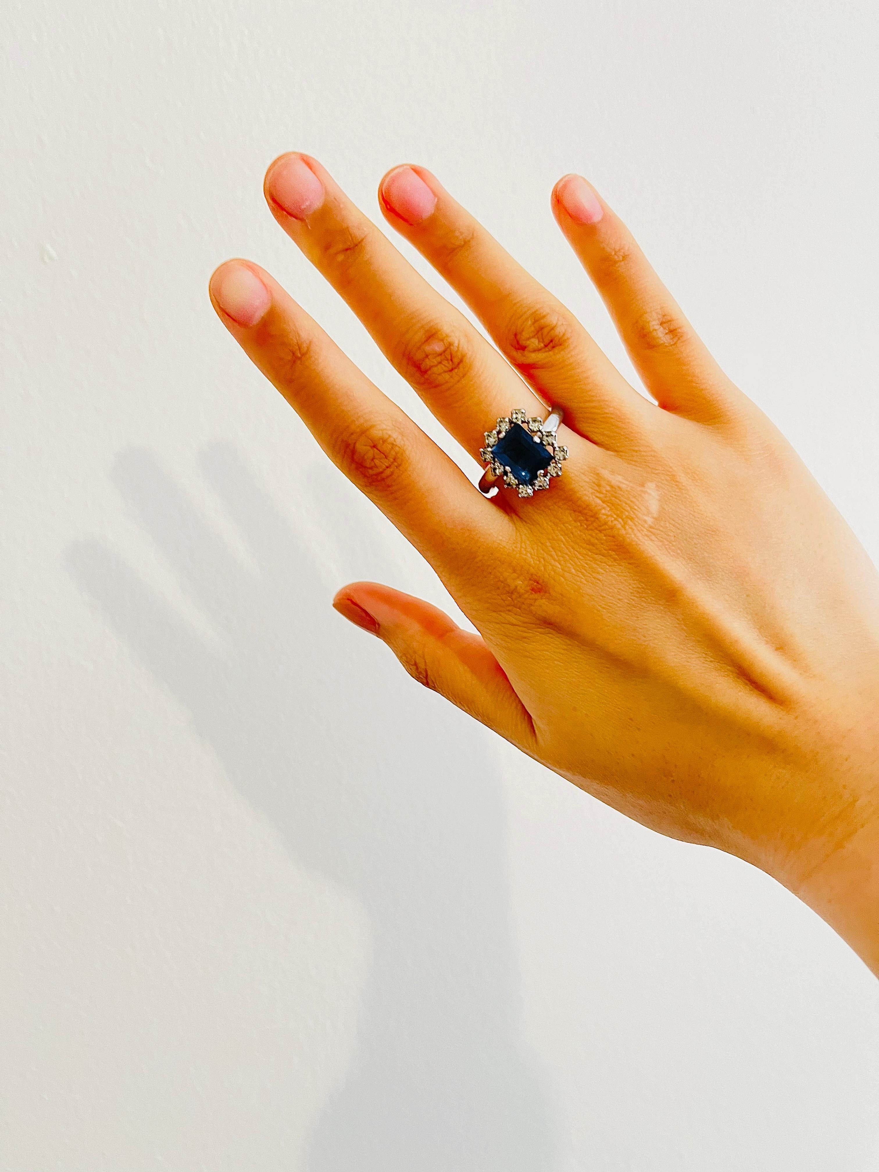 Christian Dior 1970s Vintage Rectangle Aqua Blue Crystals Halo Ring, US 8 Silver 1