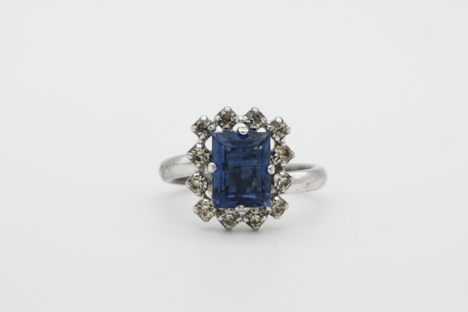 Christian Dior 1970s Vintage Rectangle Aqua Blue Crystals Halo Ring, US 8 Silver 2
