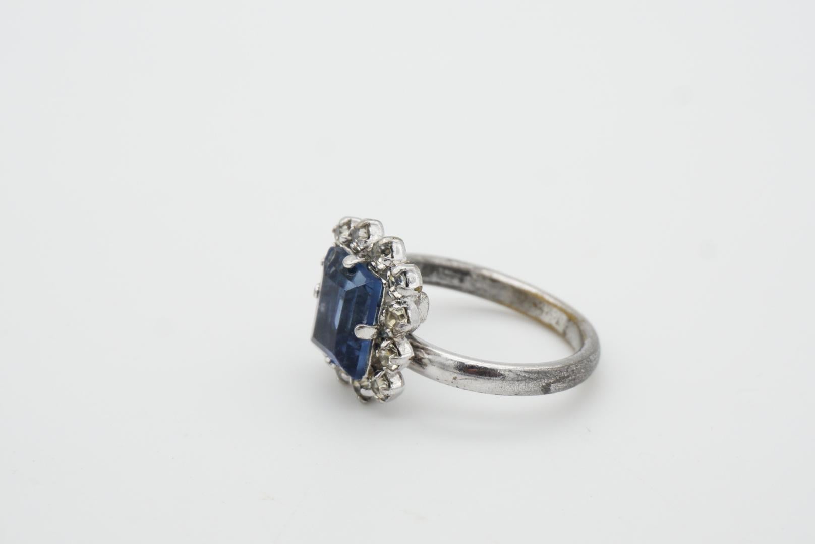 Christian Dior 1970s Vintage Rectangle Aqua Blue Crystals Halo Ring, US 8 Silver 3