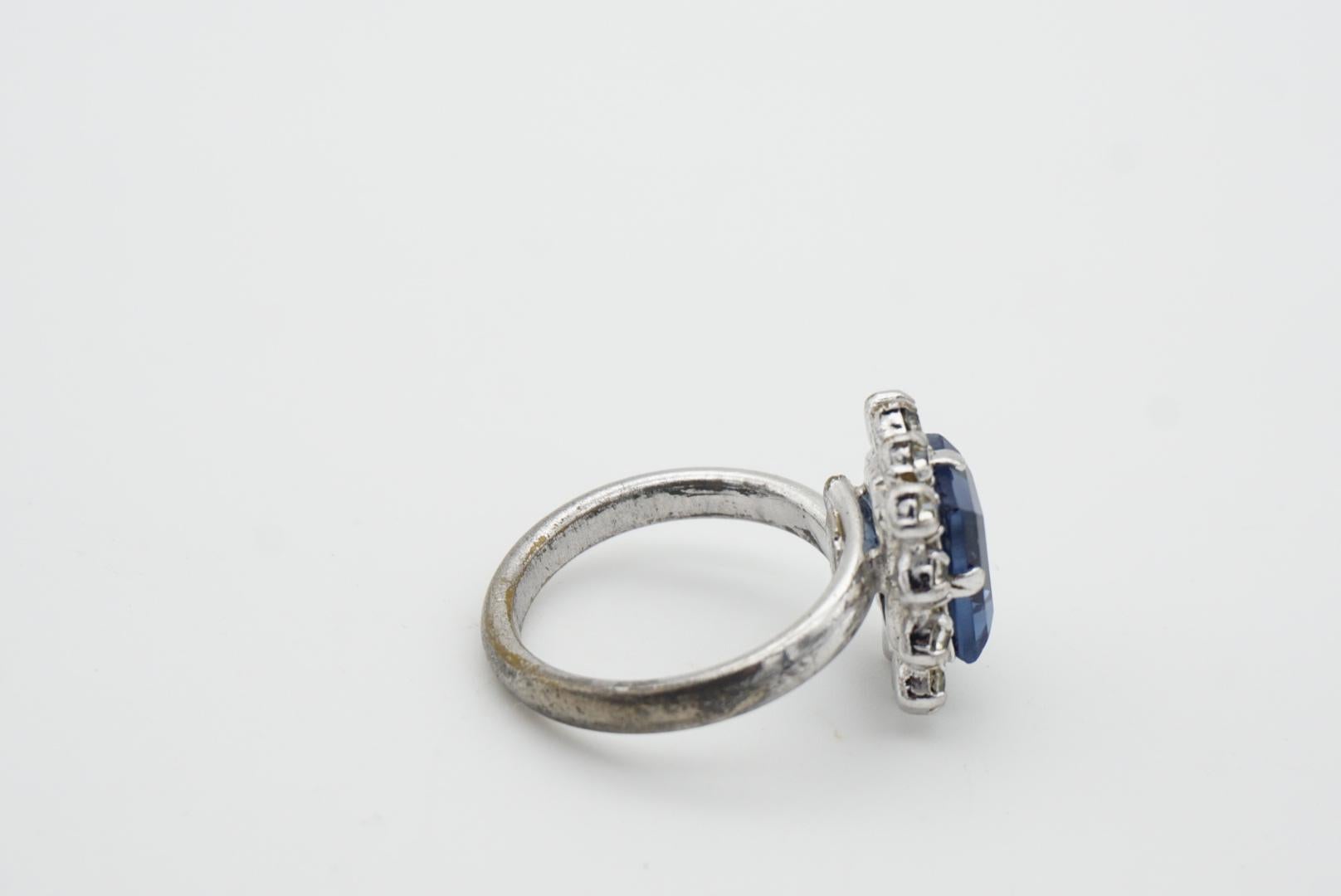 Christian Dior 1970s Vintage Rectangle Aqua Blue Crystals Halo Ring, US 8 Silver 4