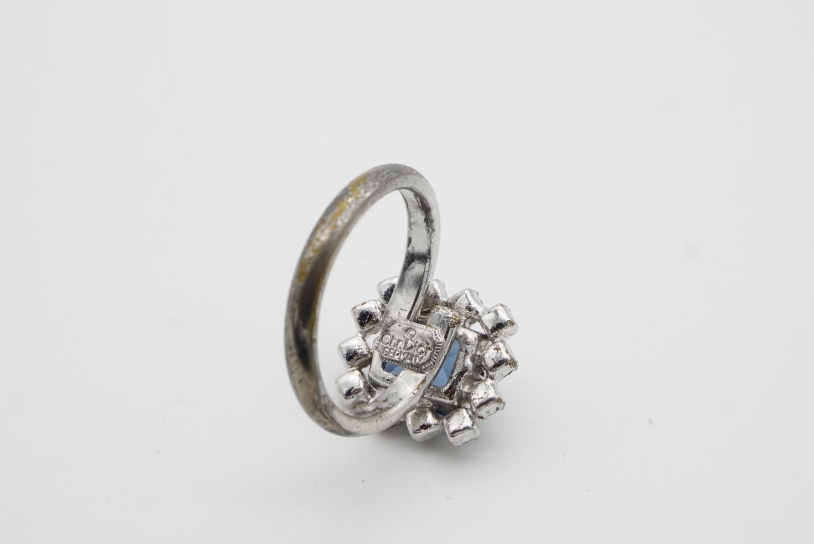 Christian Dior 1970s Vintage Rectangle Aqua Blue Crystals Halo Ring, US 8 Silver 5