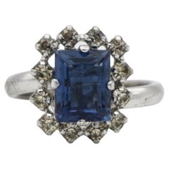 Christian Dior 1970s Retro Rectangle Aquamarine Crystals Halo Silver Ring, 8 