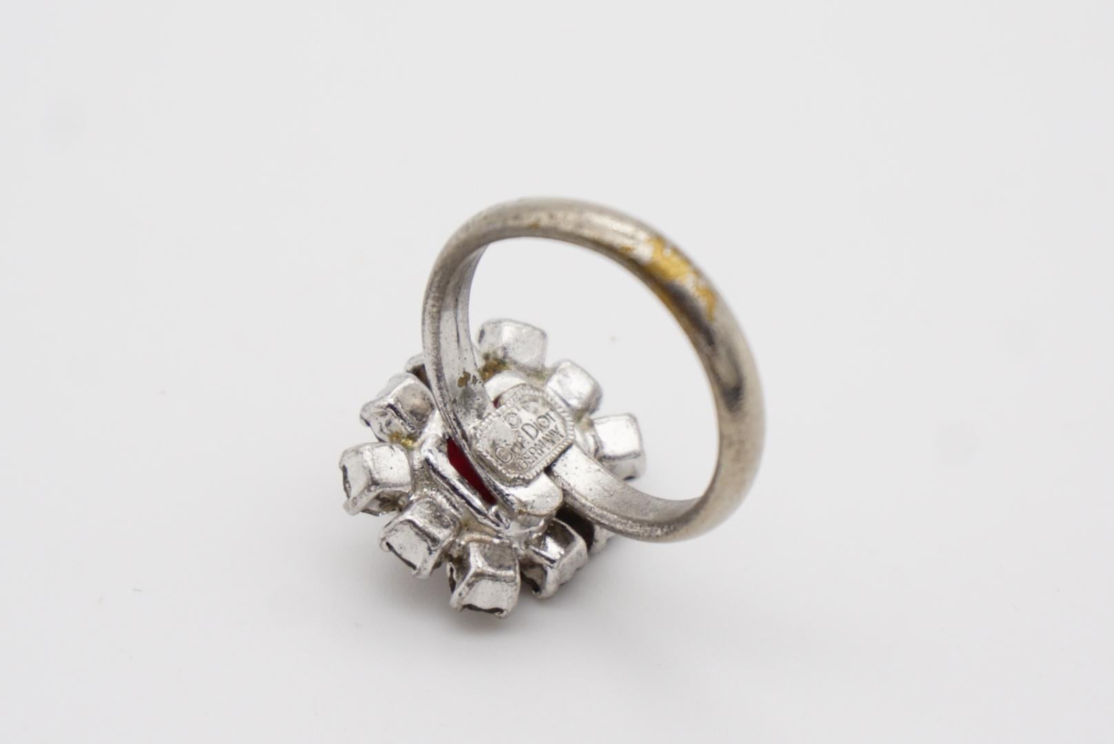 Christian Dior 1970s Vintage Rectangle Ruby Red Crystals Halo Silver Ring, US 7 6