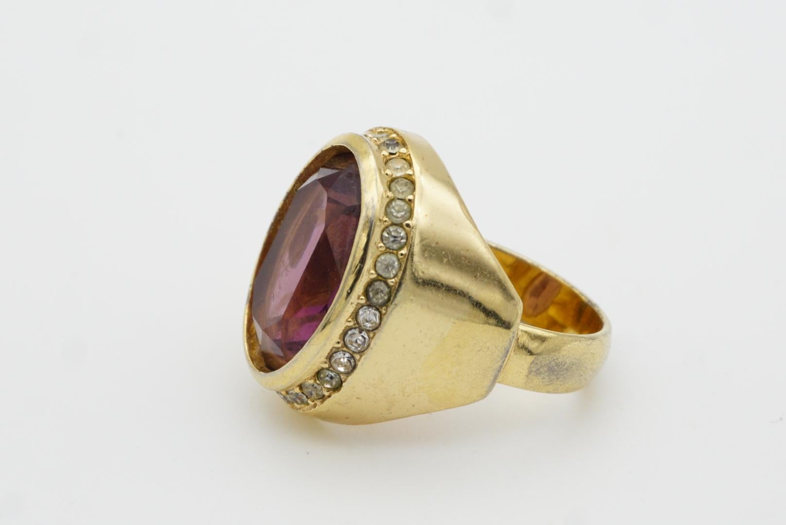 Christian Dior 1970s Vintage Rectangle Ruby Red Crystals Halo Silver Ring, US 7 6