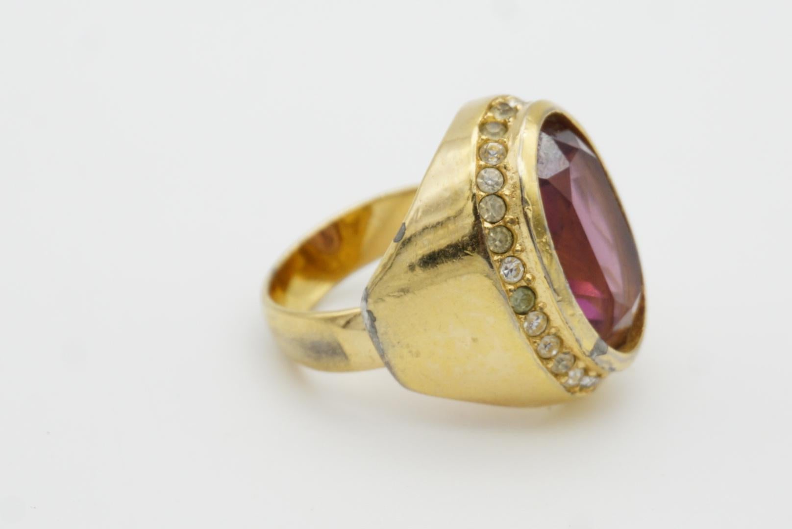 Christian Dior 1970s Vintage Rectangle Ruby Red Crystals Halo Silver Ring, US 7 7