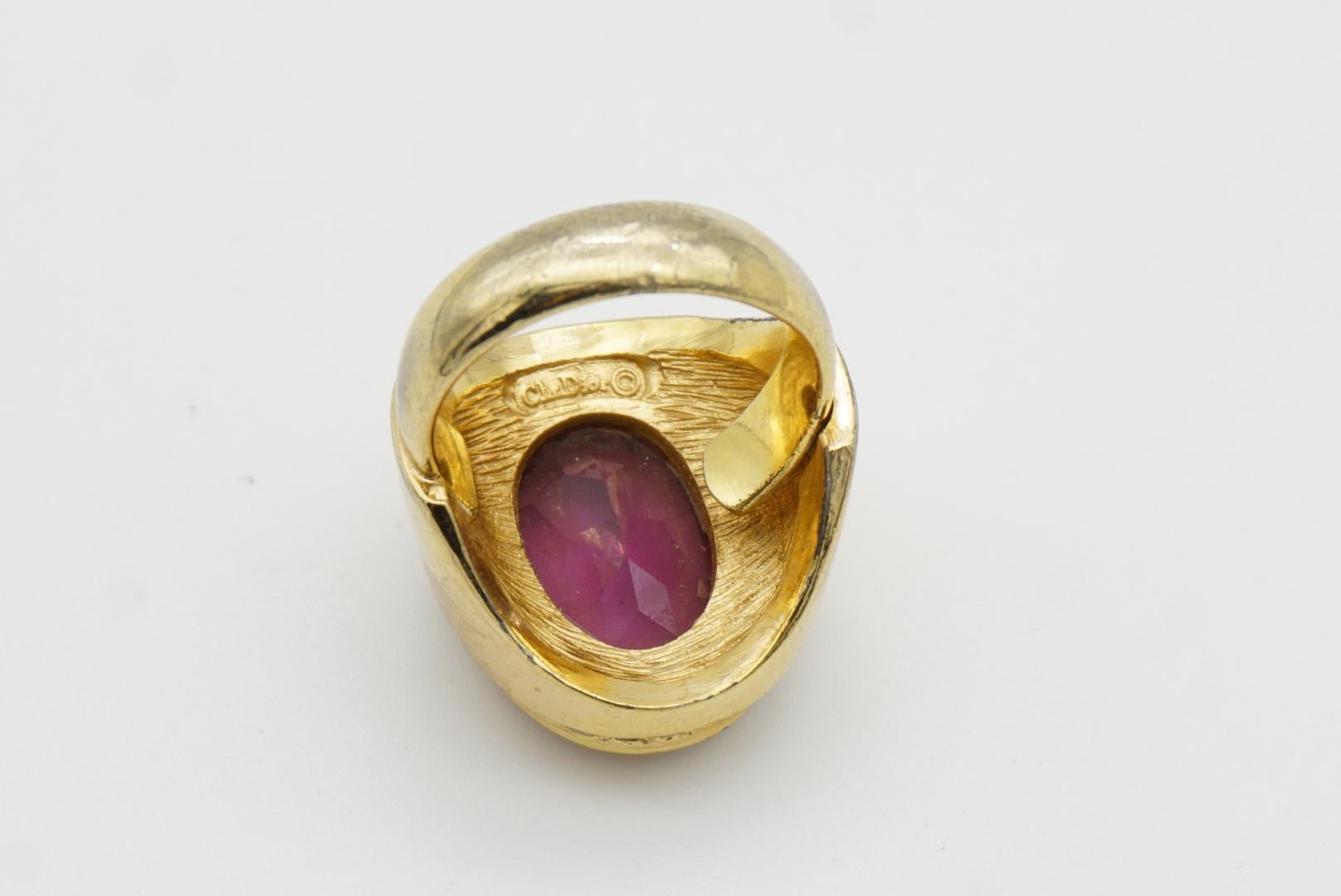 Christian Dior 1970s Vintage Rectangle Ruby Red Crystals Halo Silver Ring, US 7 9