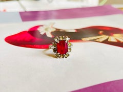 Christian Dior 1970s Vintage Rectangle Ruby Red Crystals Halo Silver Ring, US 7