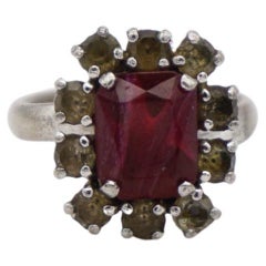 Christian Dior 1970s Vintage Rectangle Ruby Red Crystals Halo Silver Ring, US 7