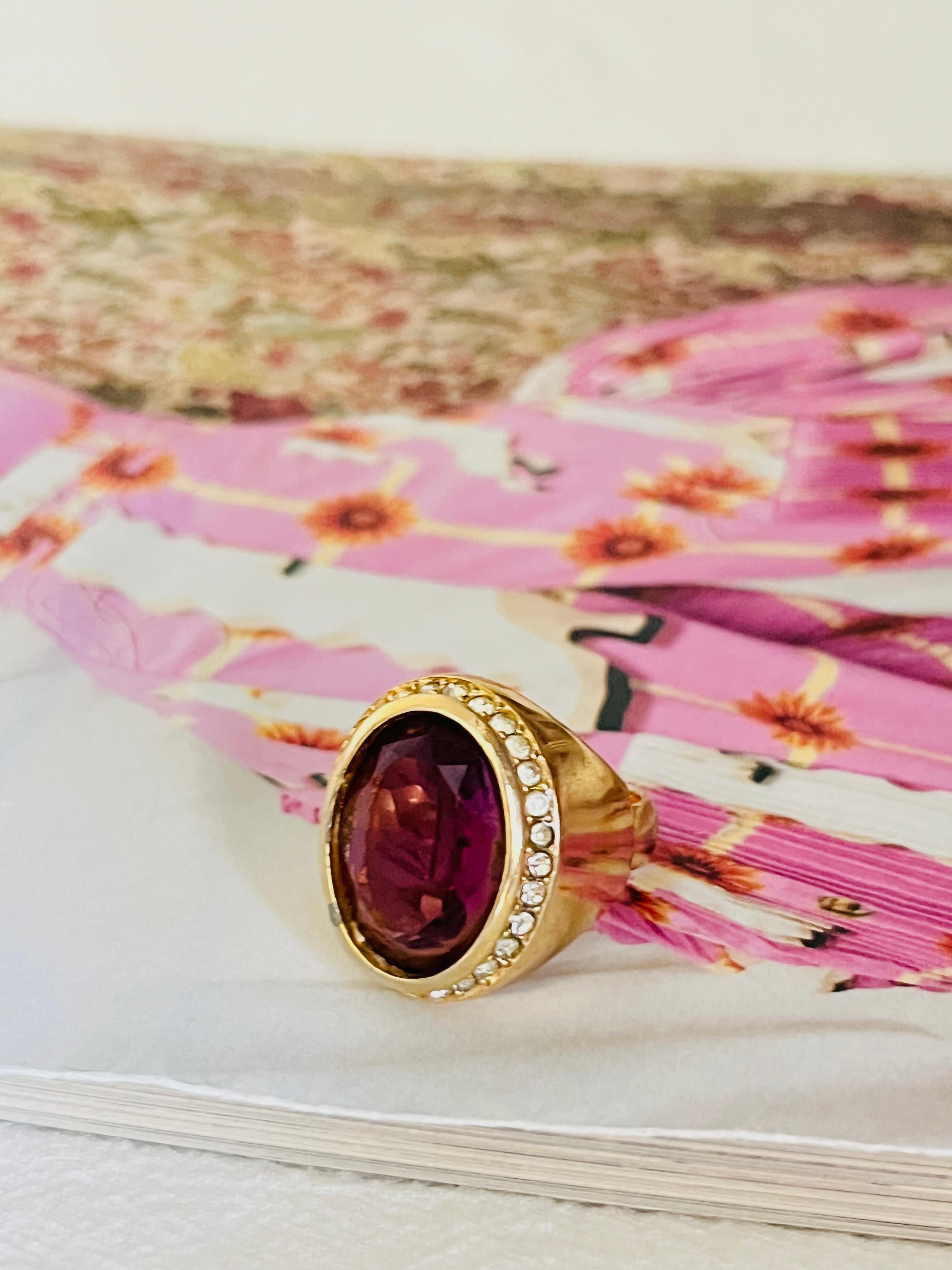 Women's Christian Dior 1970s Vintage Rectangle Ruby Red Crystals Halo Silver Ring, US 7