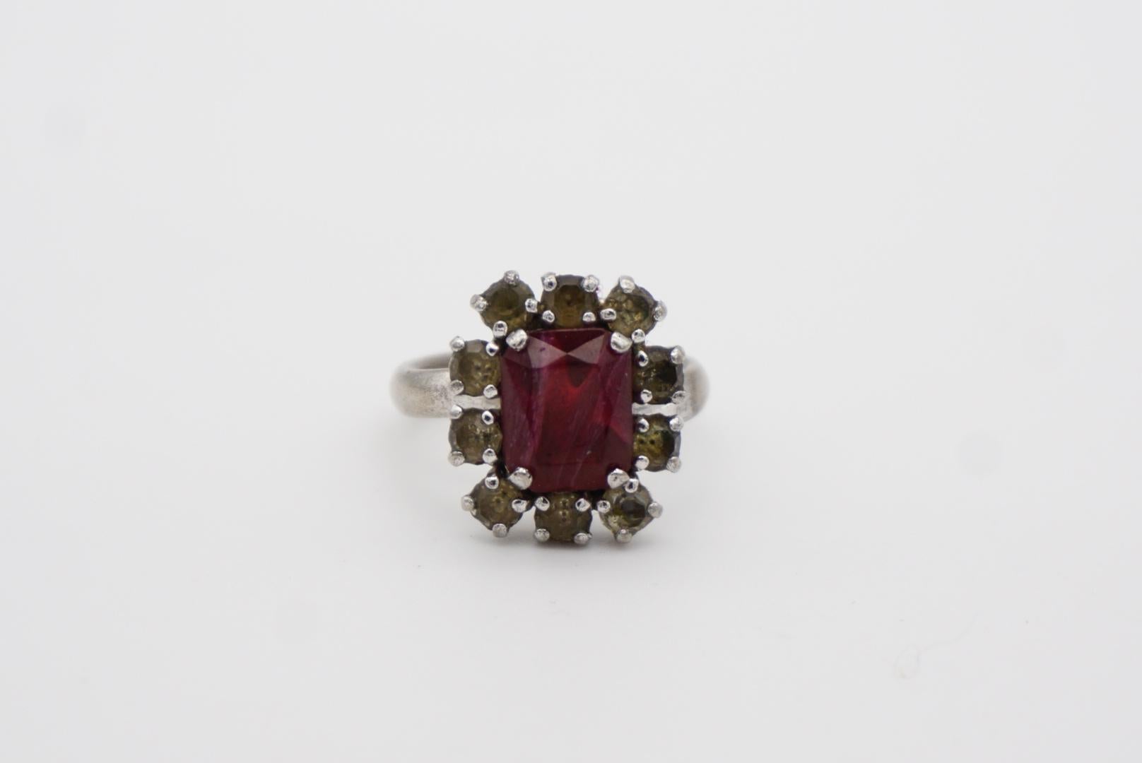 Christian Dior 1970s Vintage Rectangle Ruby Red Crystals Halo Silver Ring, US 7 1