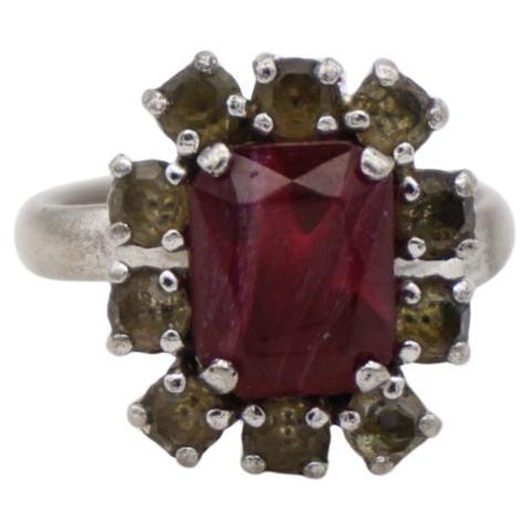 Christian Dior 1970s Vintage Rectangle Ruby Red Crystals Halo Silver Ring, US 7 For Sale