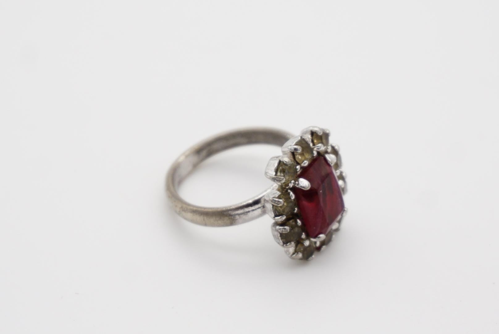 Christian Dior 1970s Vintage Rectangle Ruby Red Crystals Silver Halo Ring, US 7 In Good Condition For Sale In Wokingham, England