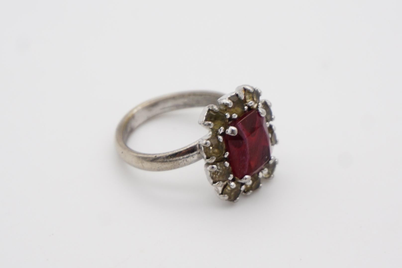 Women's Christian Dior 1970s Vintage Rectangle Ruby Red Crystals Silver Halo Ring, US 7 For Sale