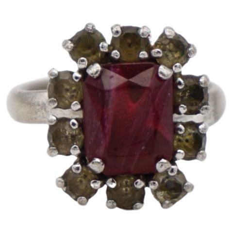 Christian Dior 1970s Vintage Rectangle Ruby Red Crystals Silver Halo Ring, US 7 For Sale
