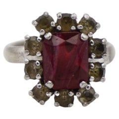 Christian Dior 1970s Retro Rectangle Ruby Red Crystals Silver Halo Ring, US 7