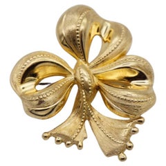 Christian Dior 1970s Vintage Ribbon Present Gift Knot Bow Heart Love Gold Brooch