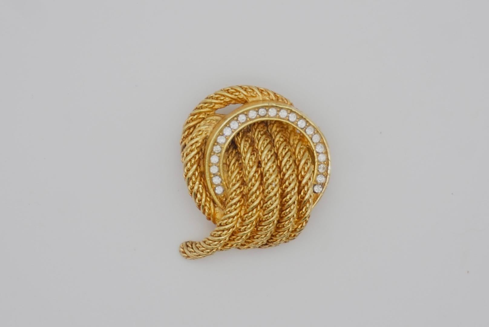 Christian Dior 1970s Vintage Round Hoop Knot Twist Rope Crystals Gold Brooch For Sale 1