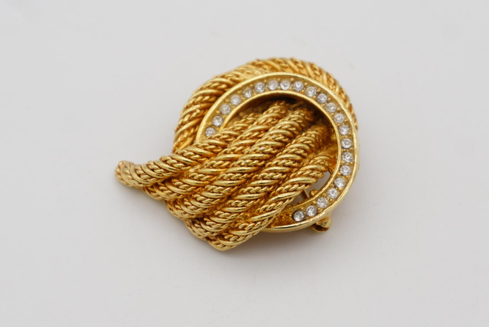 Christian Dior 1970s Vintage Round Hoop Knot Twist Rope Crystals Gold Brooch For Sale 3