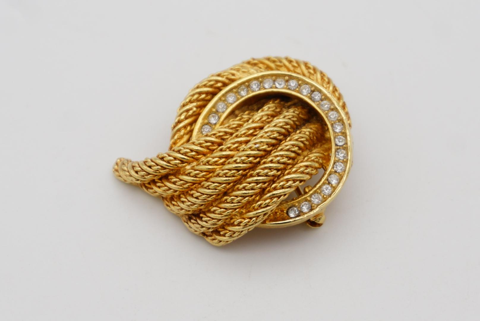 Christian Dior 1970s Vintage Round Hoop Knot Twist Rope Crystals Gold Brooch 4